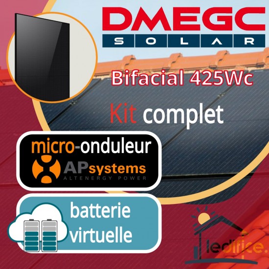 Kit photovoltaïque 1.7 kW DMEGC N-TYPE 425Wc Bi Verre Bifacial avec 4 panneaux DMEGC Module N-TYPE 425Wc Bi Verre Bifacial - Cadre noir  avec micro-onduleur APSystems, compatible batterie virtuelle