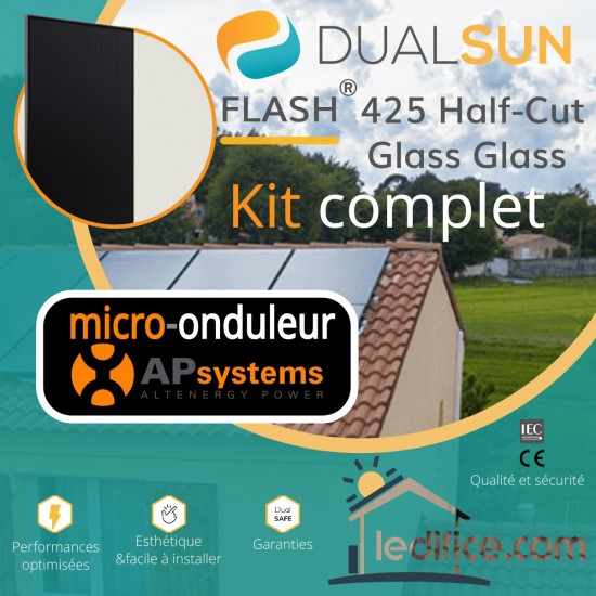 Kit photovoltaïque 3.4 kW Dualsun FLASH Half-Cut TR avec 8 panneaux Dualsun FLASH 425 Half-Cut Transparent, TRIPHASE avec micro-onduleur APSystems