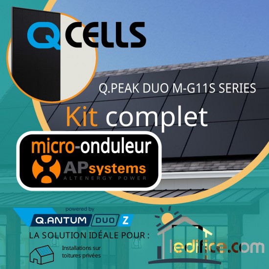 Kit photovoltaïque 3.645 kW Q-CELLS Q.Peak Q.ANTUM DUO G11 405 FB avec 9 panneaux Q-Cells  Q.Peak Q.ANTUM  G11 405Wc , Full Black  avec micro-onduleur APSystems