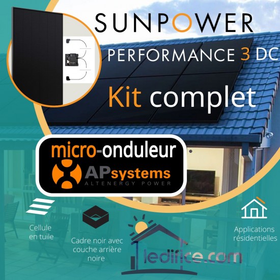 Kit photovoltaïque 1.5 kW SUNPOWER Performance 6 DC avec 4 panneaux Sunpower Performance 6 DC 375Wc , Full Black  avec micro-onduleur APSystems